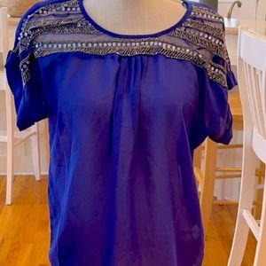 Romeo and Juliet royal blue top with gold & silver beaded trim.